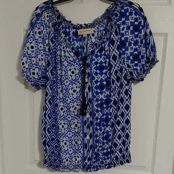 Jones New York Tops - Jones New York Blue Patterned Women's XL Top Puff Sleeve Tassels Elastic Hem